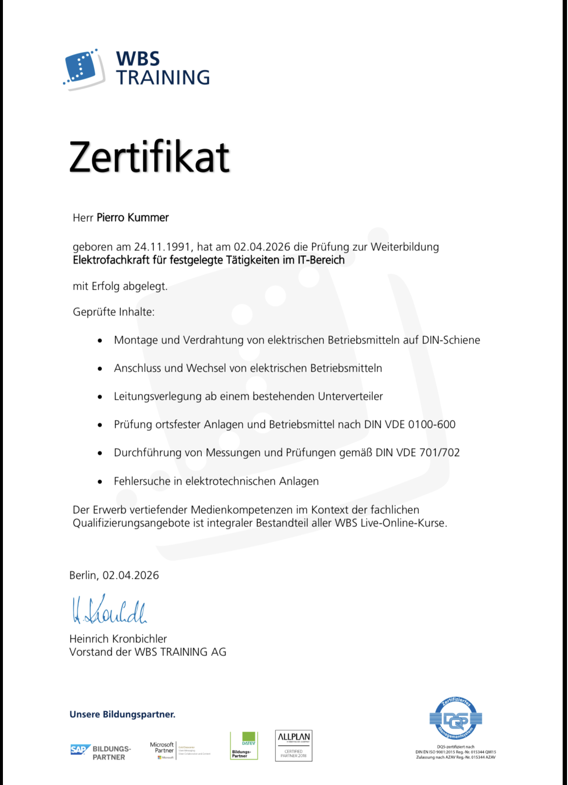 Zertifikat Elektrofachkraft